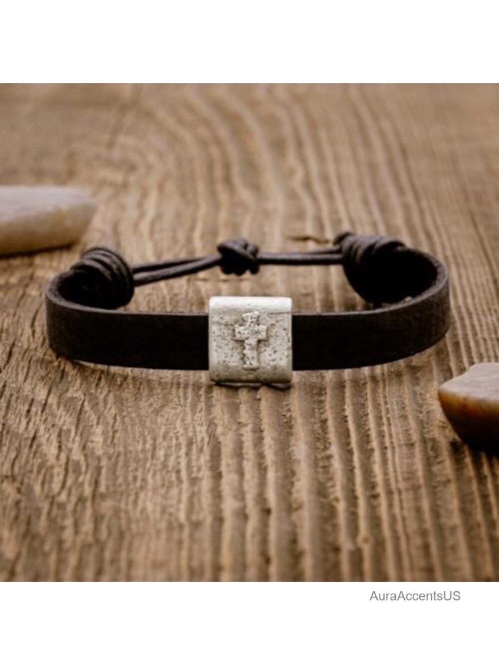 Leather Cross Bracelet Pewter Bead Faith Jewelry Adjustable Unisex - Picture 5 of 6